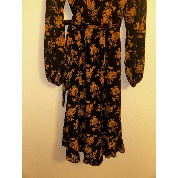 C+D+M Boho Preppy Professional Old Money Black & Gold Floral Wrap Dress - Picture 11 of 14